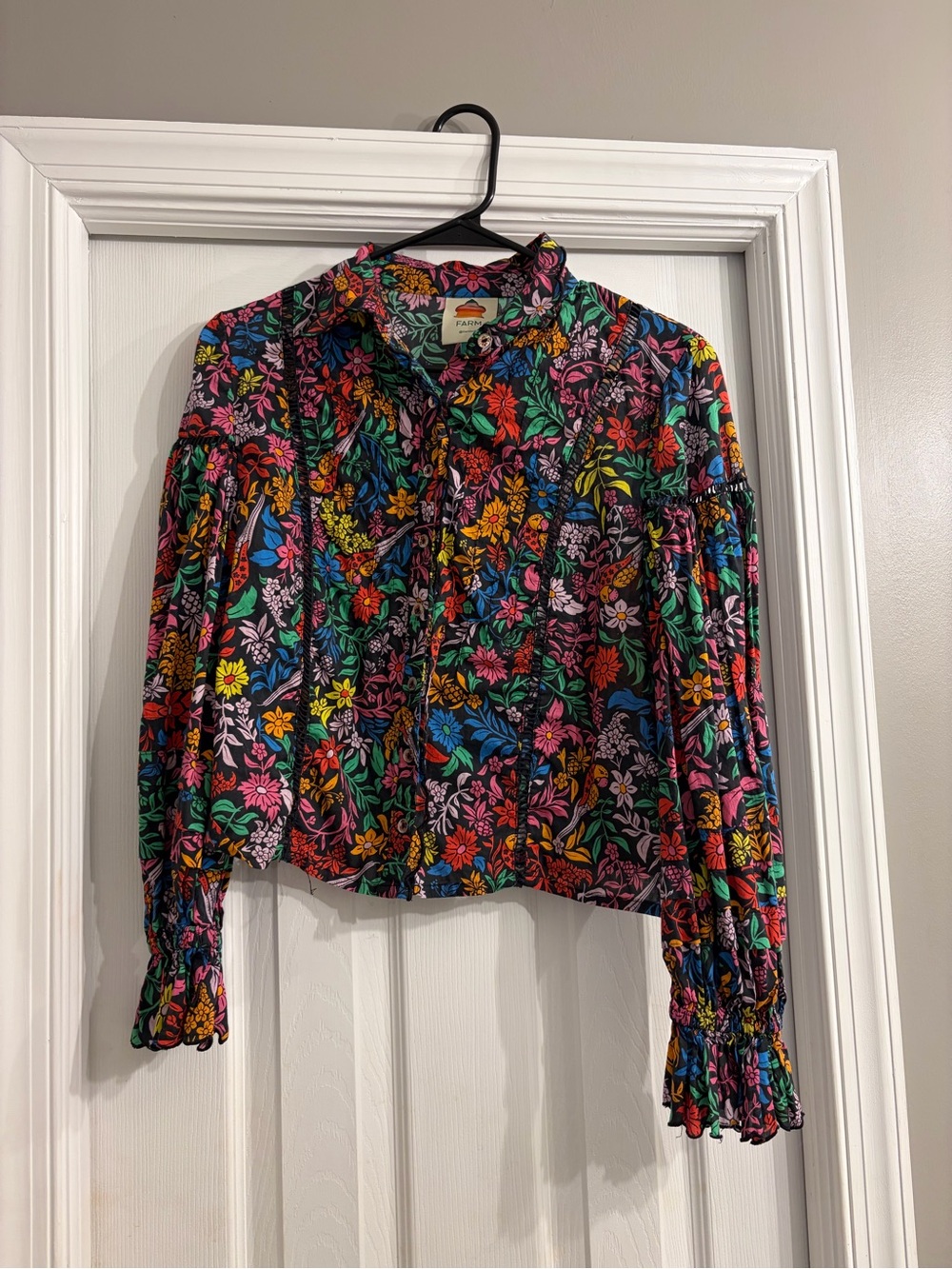 FARM Rio Black Multicolor Floral Button-Front Blouse - Picture 1 of 3